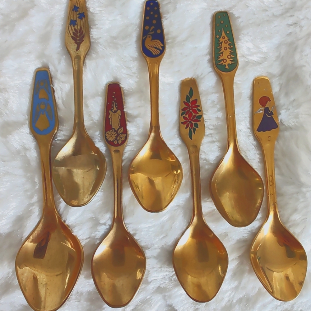Meka Denmark Gold Plated Decorative Christmas Spoons Set Of 7
